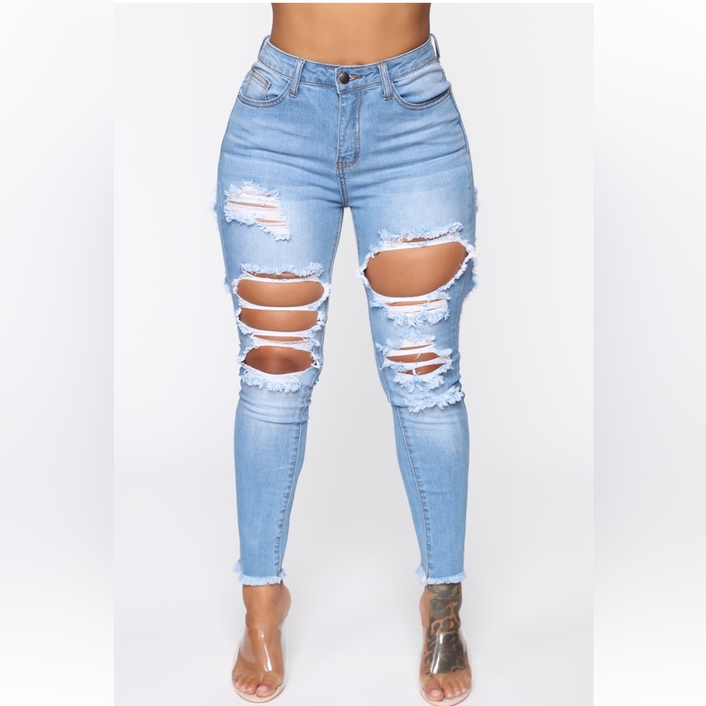 Talk Of The Town Distressed Skinny Jeans- Light Blue Wash